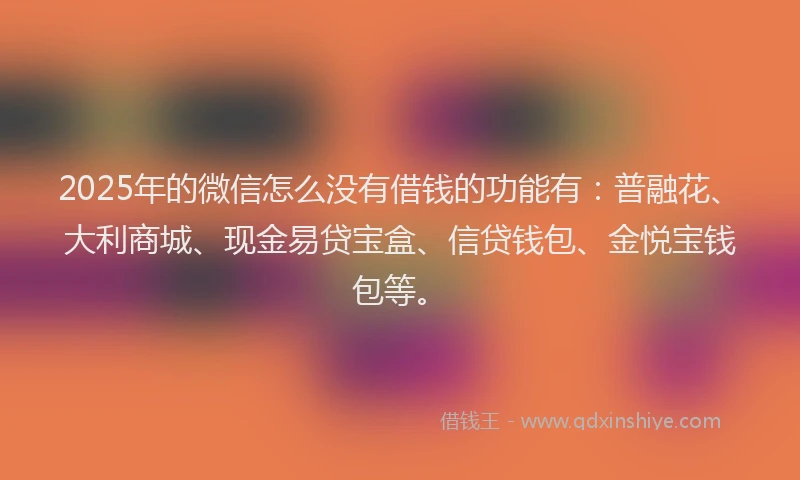 2025年的微信怎么没有借钱的功能有：普融花、大利商城、现金易贷宝盒、信贷钱包、金悦宝钱包等。