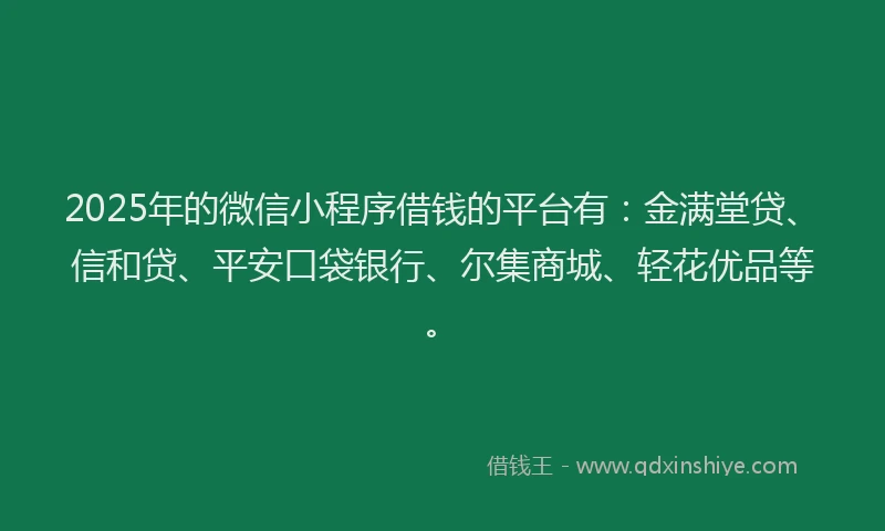 2025年的微信小程序借钱的平台有：金满堂贷、信和贷、平安口袋银行、尔集商城、轻花优品等。