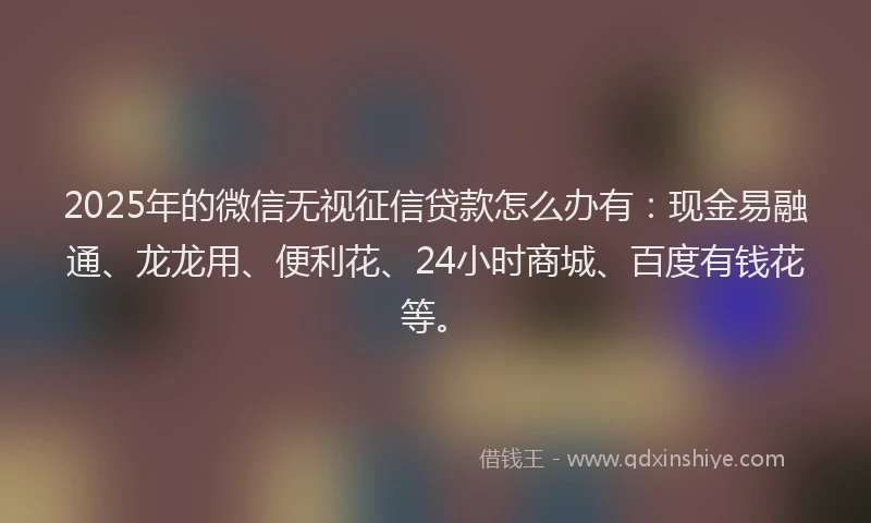 2025年的微信无视征信贷款怎么办有：现金易融通、龙龙用、便利花、24小时商城、百度有钱花等。