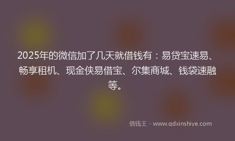 2025年的微信加了几天就借钱有：易贷宝速易、畅享租机、现金侠易借宝、尔集商城、钱袋速融等。