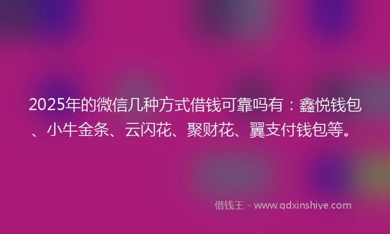 2025年的微信几种方式借钱可靠吗有：鑫悦钱包、小牛金条、云闪花、聚财花、翼支付钱包等。