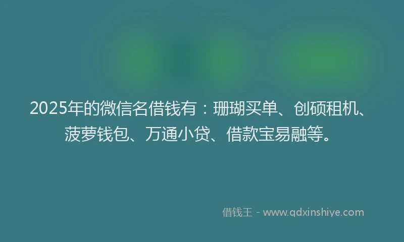 2025年的微信名借钱有：珊瑚买单、创硕租机、菠萝钱包、万通小贷、借款宝易融等。