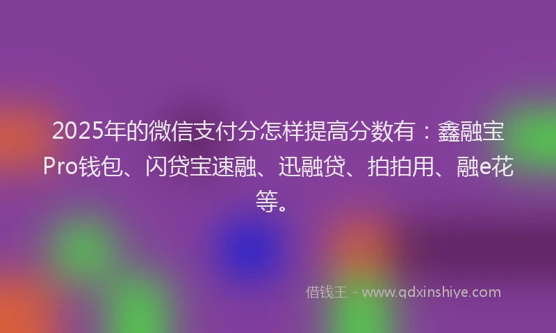 2025年的微信支付分怎样提高分数有：鑫融宝Pro钱包、闪贷宝速融、迅融贷、拍拍用、融e花等。
