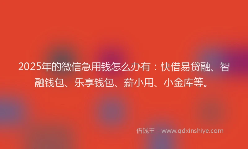 2025年的微信急用钱怎么办有：快借易贷融、智融钱包、乐享钱包、薪小用、小金库等。