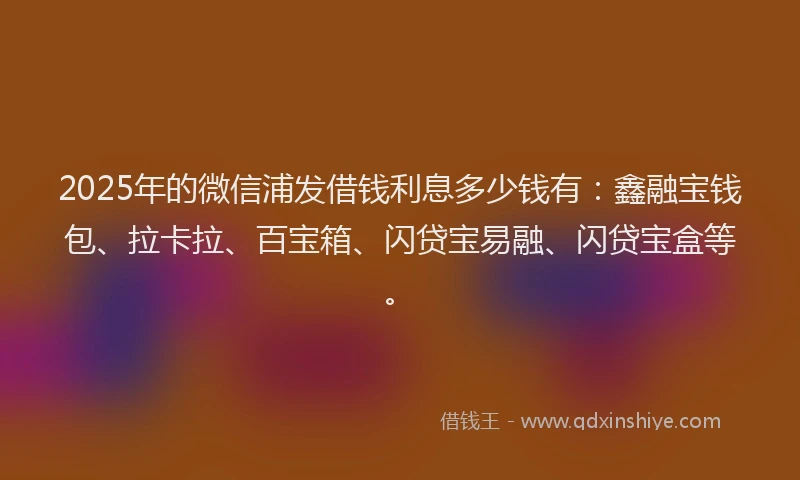 2025年的微信浦发借钱利息多少钱有：鑫融宝钱包、拉卡拉、百宝箱、闪贷宝易融、闪贷宝盒等。