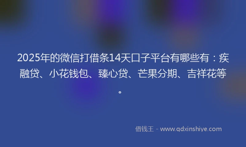 2025年的微信打借条14天口子平台有哪些有：疾融贷、小花钱包、臻心贷、芒果分期、吉祥花等。