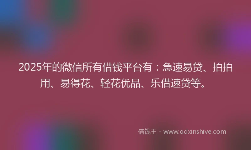 2025年的微信所有借钱平台有：急速易贷、拍拍用、易得花、轻花优品、乐借速贷等。