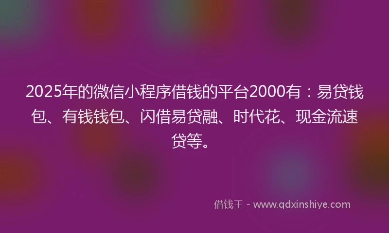 2025年的微信小程序借钱的平台2000有：易贷钱包、有钱钱包、闪借易贷融、时代花、现金流速贷等。