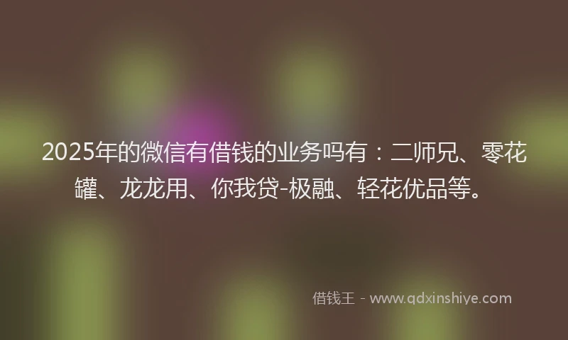 2025年的微信有借钱的业务吗有：二师兄、零花罐、龙龙用、你我贷-极融、轻花优品等。