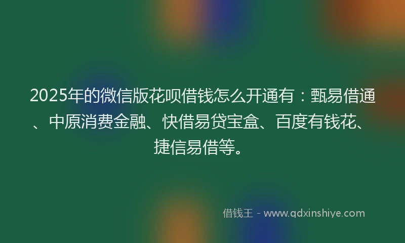 2025年的微信版花呗借钱怎么开通有：甄易借通、中原消费金融、快借易贷宝盒、百度有钱花、捷信易借等。