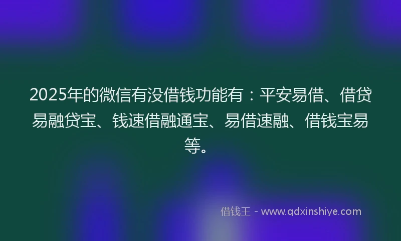 2025年的微信有没借钱功能有：平安易借、借贷易融贷宝、钱速借融通宝、易借速融、借钱宝易等。