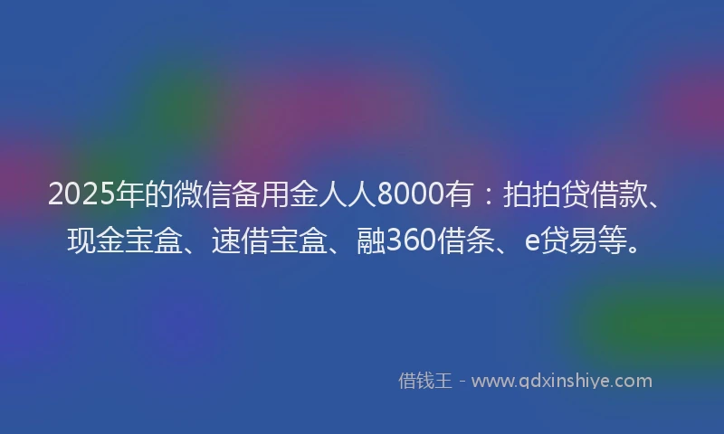 2025年的微信备用金人人8000有：拍拍贷借款、现金宝盒、速借宝盒、融360借条、e贷易等。