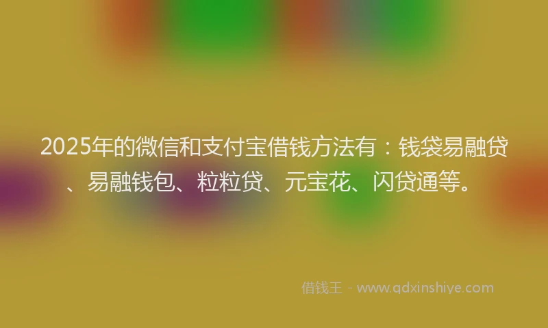 2025年的微信和支付宝借钱方法有：钱袋易融贷、易融钱包、粒粒贷、元宝花、闪贷通等。