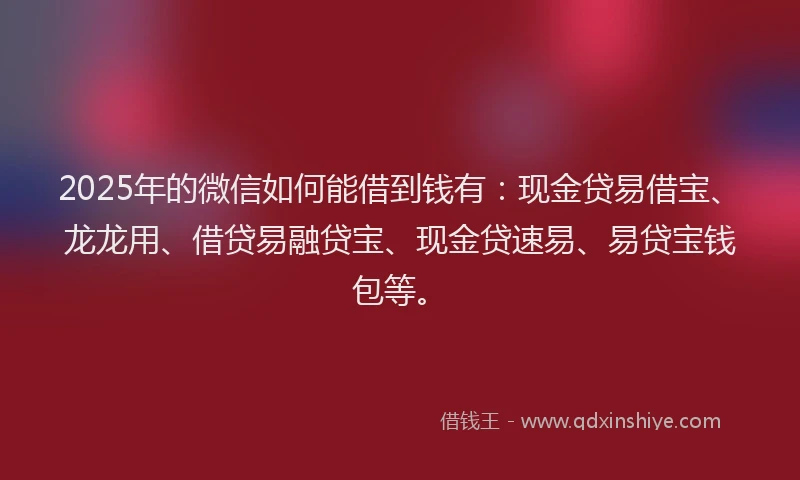 2025年的微信如何能借到钱有：现金贷易借宝、龙龙用、借贷易融贷宝、现金贷速易、易贷宝钱包等。