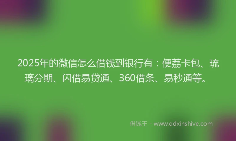 2025年的微信怎么借钱到银行有：便荔卡包、琉璃分期、闪借易贷通、360借条、易秒通等。