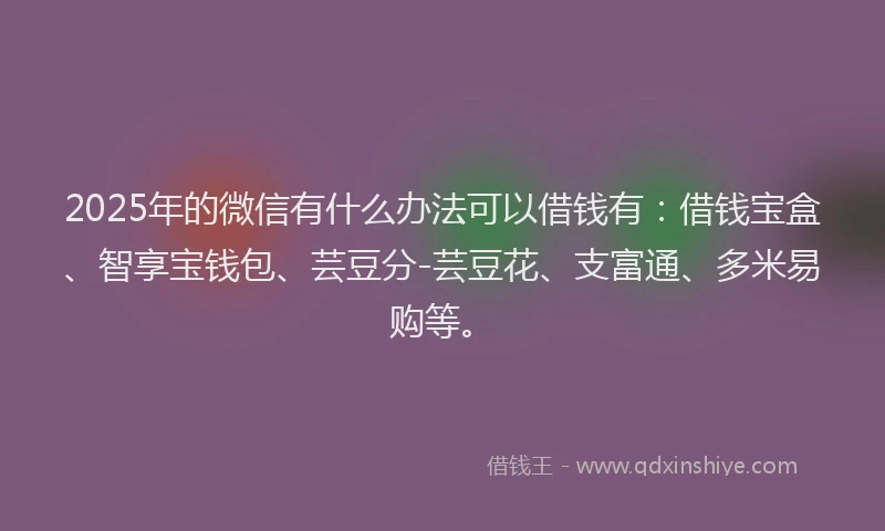 2025年的微信有什么办法可以借钱有：借钱宝盒、智享宝钱包、芸豆分-芸豆花、支富通、多米易购等。