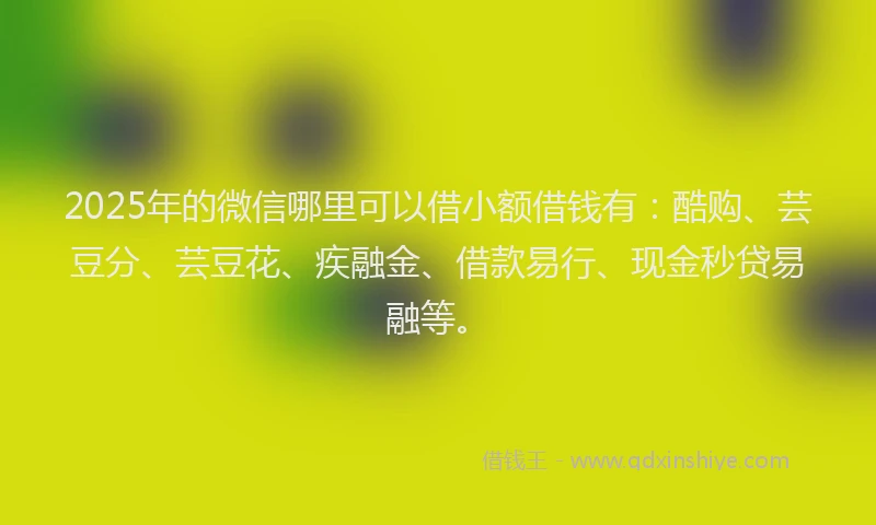 2025年的微信哪里可以借小额借钱有：酷购、芸豆分、芸豆花、疾融金、借款易行、现金秒贷易融等。