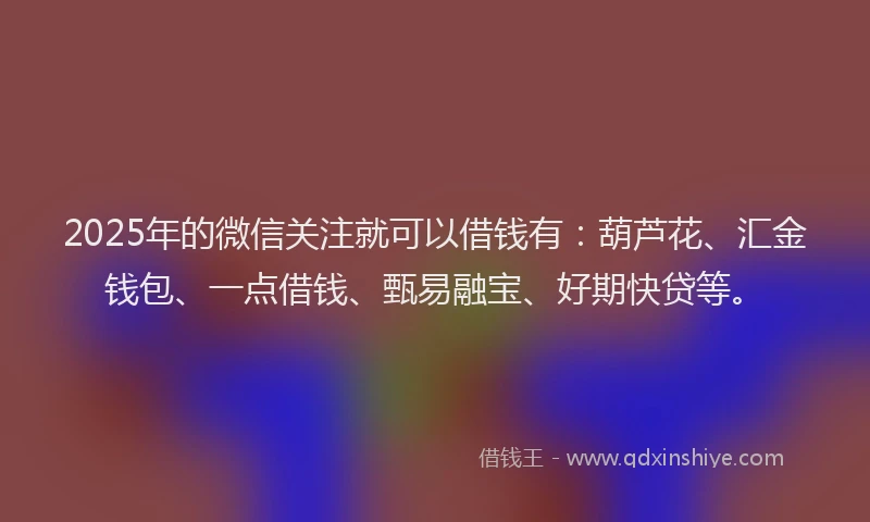 2025年的微信关注就可以借钱有：葫芦花、汇金钱包、一点借钱、甄易融宝、好期快贷等。