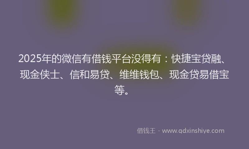 2025年的微信有借钱平台没得有：快捷宝贷融、现金侠士、信和易贷、维维钱包、现金贷易借宝等。