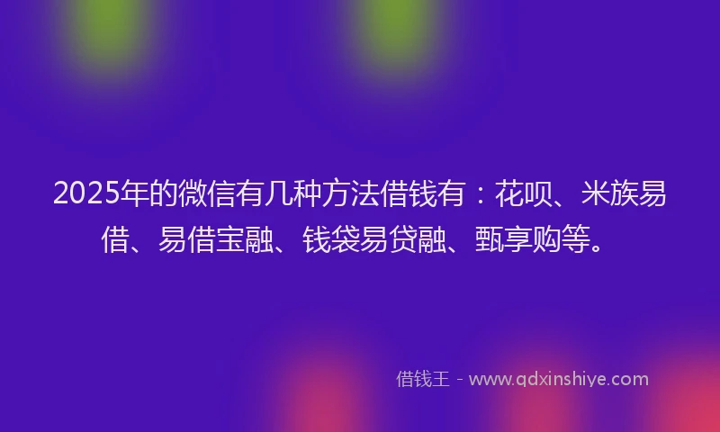 2025年的微信有几种方法借钱有：花呗、米族易借、易借宝融、钱袋易贷融、甄享购等。