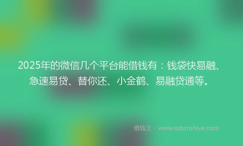 2025年的微信几个平台能借钱有：钱袋快易融、急速易贷、替你还、小金鹤、易融贷通等。