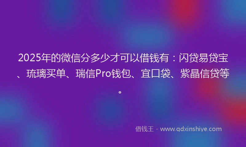 2025年的微信分多少才可以借钱有：闪贷易贷宝、琉璃买单、瑞信Pro钱包、宜口袋、紫晶信贷等。