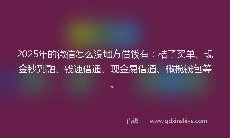 2025年的微信怎么没地方借钱有：桔子买单、现金秒到融、钱速借通、现金易借通、橄榄钱包等。