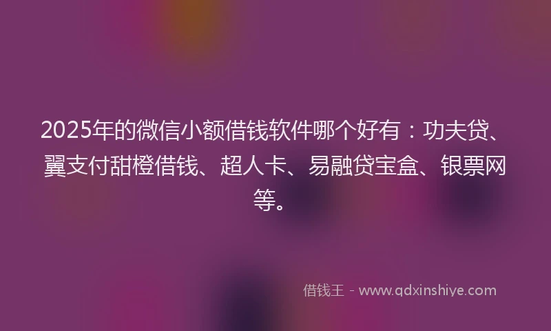 2025年的微信小额借钱软件哪个好有：功夫贷、翼支付甜橙借钱、超人卡、易融贷宝盒、银票网等。