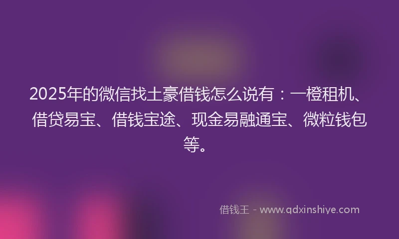2025年的微信找土豪借钱怎么说有：一橙租机、借贷易宝、借钱宝途、现金易融通宝、微粒钱包等。