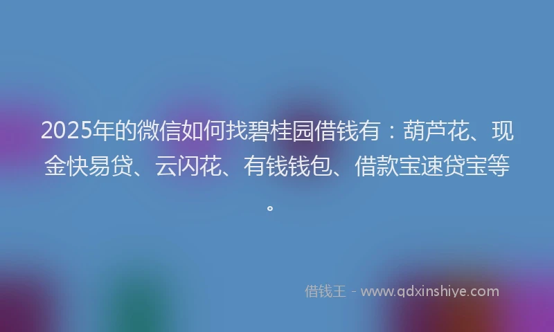 2025年的微信如何找碧桂园借钱有：葫芦花、现金快易贷、云闪花、有钱钱包、借款宝速贷宝等。