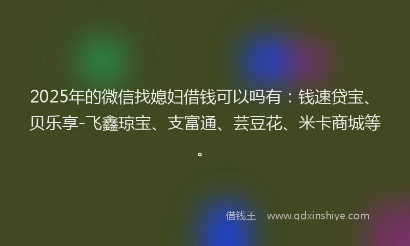 2025年的微信找媳妇借钱可以吗有：钱速贷宝、贝乐享-飞鑫琼宝、支富通、芸豆花、米卡商城等。