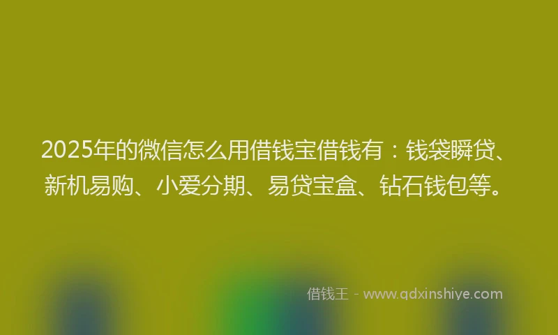 2025年的微信怎么用借钱宝借钱有：钱袋瞬贷、新机易购、小爱分期、易贷宝盒、钻石钱包等。