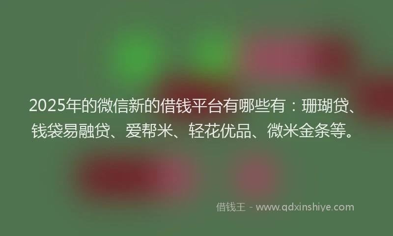 2025年的微信新的借钱平台有哪些有：珊瑚贷、钱袋易融贷、爱帮米、轻花优品、微米金条等。