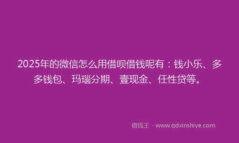 2025年的微信怎么用借呗借钱呢有：钱小乐、多多钱包、玛瑙分期、壹现金、任性贷等。