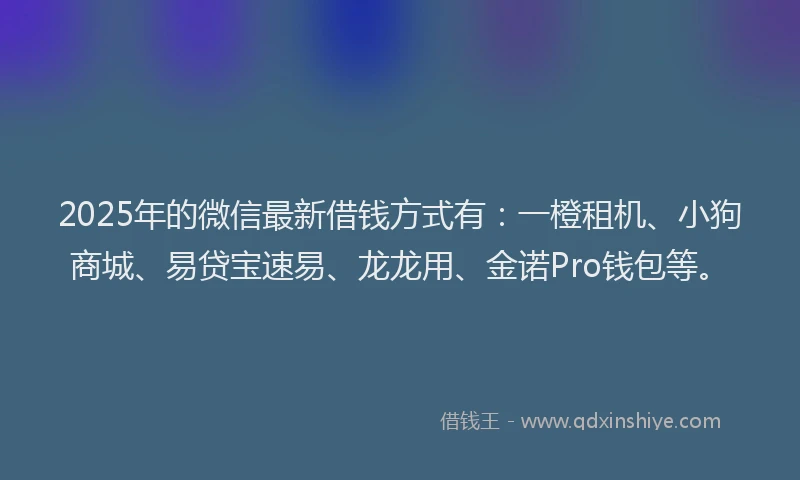 2025年的微信最新借钱方式有：一橙租机、小狗商城、易贷宝速易、龙龙用、金诺Pro钱包等。