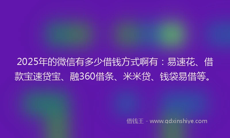 2025年的微信有多少借钱方式啊有：易速花、借款宝速贷宝、融360借条、米米贷、钱袋易借等。