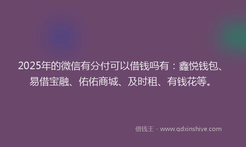 2025年的微信有分付可以借钱吗有：鑫悦钱包、易借宝融、佑佑商城、及时租、有钱花等。