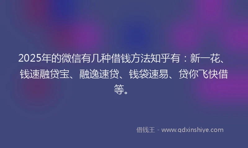 2025年的微信有几种借钱方法知乎有：新一花、钱速融贷宝、融逸速贷、钱袋速易、贷你飞快借等。