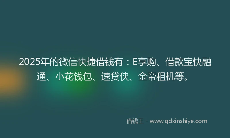 2025年的微信快捷借钱有：E享购、借款宝快融通、小花钱包、速贷侠、金帝租机等。