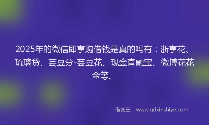 2025年的微信即享购借钱是真的吗有：浙享花、琉璃贷、芸豆分-芸豆花、现金直融宝、微博花花金等。