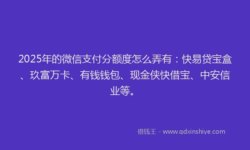 2025年的微信支付分额度怎么弄有：快易贷宝盒、玖富万卡、有钱钱包、现金侠快借宝、中安信业等。