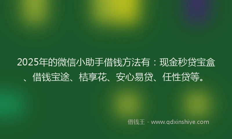 2025年的微信小助手借钱方法有：现金秒贷宝盒、借钱宝途、桔享花、安心易贷、任性贷等。