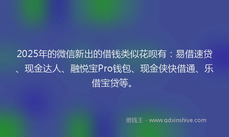 2025年的微信新出的借钱类似花呗有：易借速贷、现金达人、融悦宝Pro钱包、现金侠快借通、乐借宝贷等。