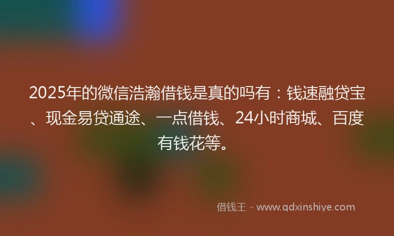 2025年的微信浩瀚借钱是真的吗有：钱速融贷宝、现金易贷通途、一点借钱、24小时商城、百度有钱花等。
