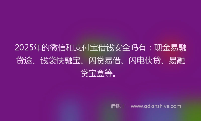 2025年的微信和支付宝借钱安全吗有：现金易融贷途、钱袋快融宝、闪贷易借、闪电侠贷、易融贷宝盒等。