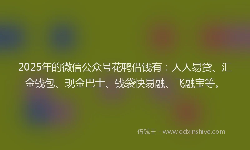 2025年的微信公众号花鸭借钱有：人人易贷、汇金钱包、现金巴士、钱袋快易融、飞融宝等。
