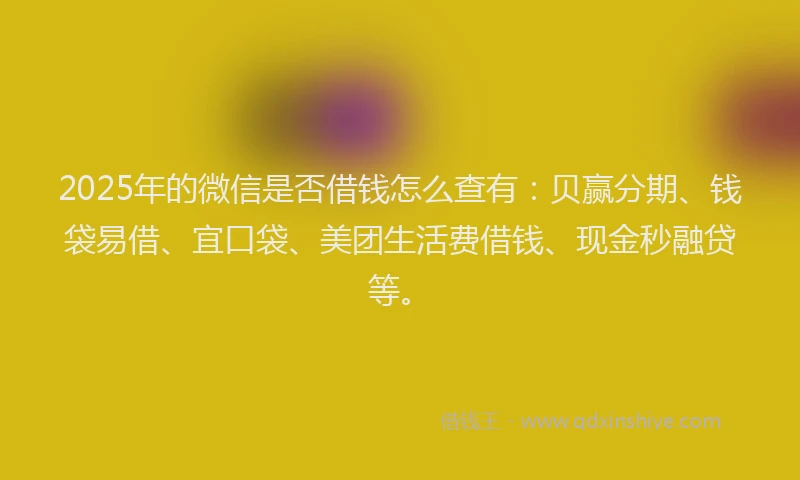 2025年的微信是否借钱怎么查有：贝赢分期、钱袋易借、宜口袋、美团生活费借钱、现金秒融贷等。