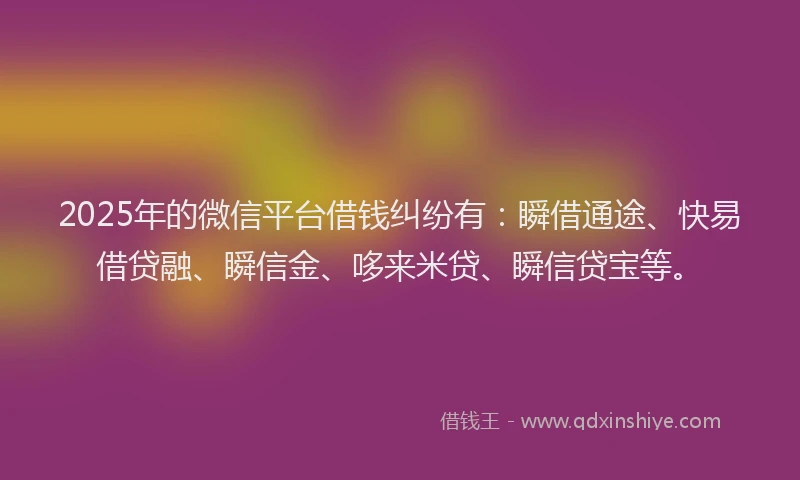 2025年的微信平台借钱纠纷有：瞬借通途、快易借贷融、瞬信金、哆来米贷、瞬信贷宝等。