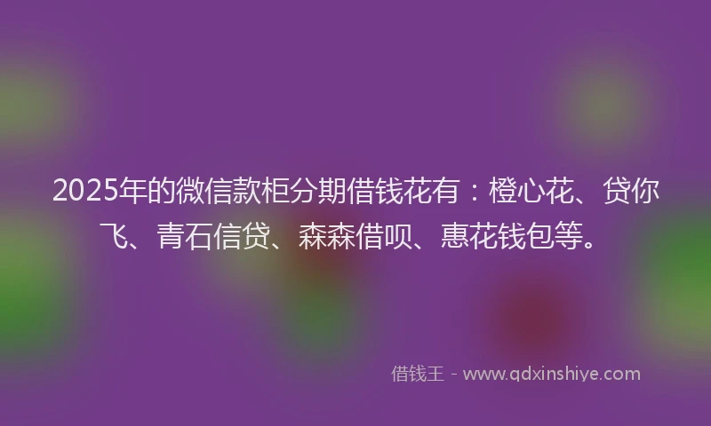 2025年的微信款柜分期借钱花有：橙心花、贷你飞、青石信贷、森森借呗、惠花钱包等。