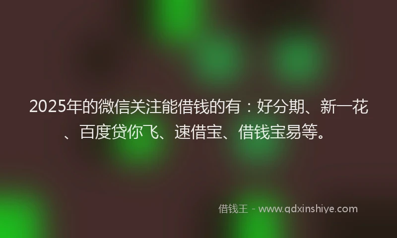 2025年的微信关注能借钱的有：好分期、新一花、百度贷你飞、速借宝、借钱宝易等。